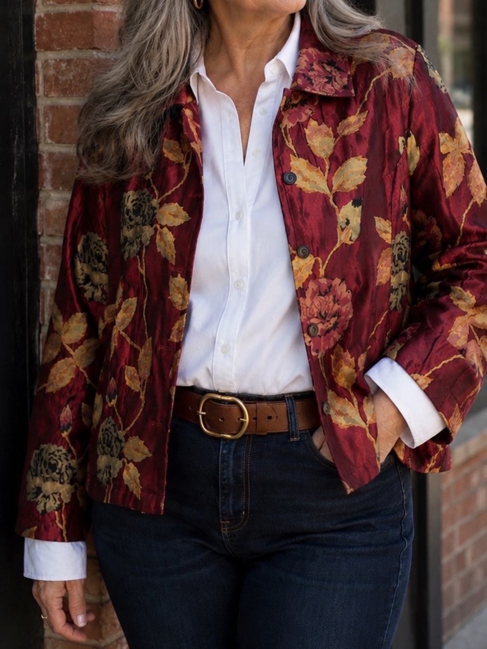 Coldwater creek tapestry floral jacket with velvet detail. Classic, old money.